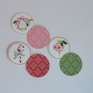 Christmas Watercolors Round Paper Coasters/Candy Cane/Bell/Ornament