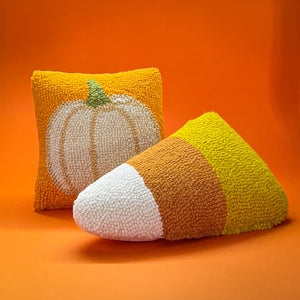 Candy Corn Shaped Hooked-Wool Halloween Accent Pillow