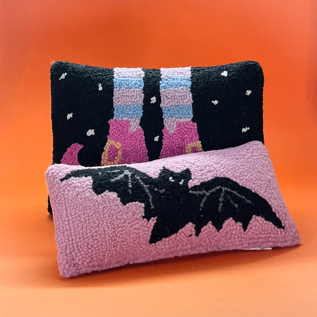 Halloween Bat Hooked-Wool Lumbar Accent Pillow