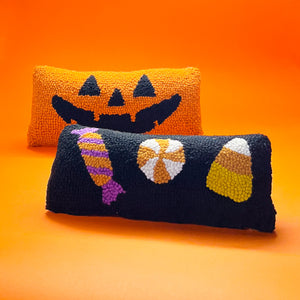 Jack O'Lantern Halloween Hooked-Wool Lumbar Accent Pillow