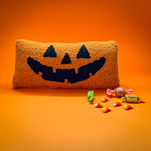 Jack O'Lantern Halloween Hooked-Wool Lumbar Accent Pillow