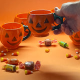 Orange-and-Green Ceramic Halloween Jack O'Lantern Mugs, Set of 6