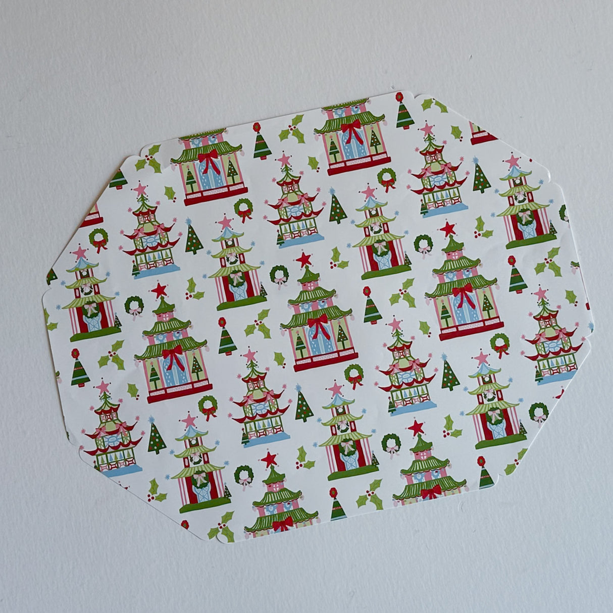 Festive Pagodas Octagonal Paper Christmas Placemats, Pad of 10