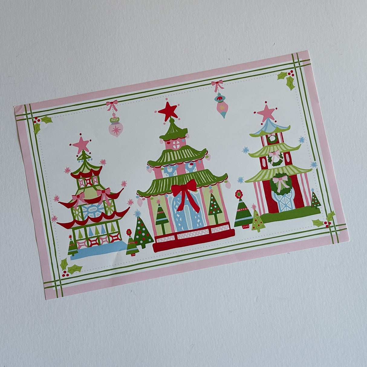 Festive Pagodas Rectangular Paper Christmas Placemats, Pad of 20