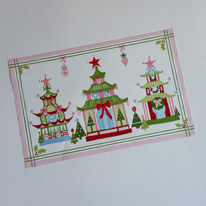 Festive Pagodas Rectangular Paper Christmas Placemats, Pad of 20