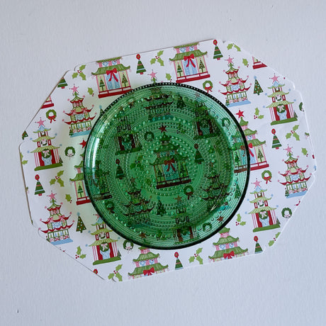 Festive Pagodas Octagonal Paper Christmas Placemats, Pad of 10