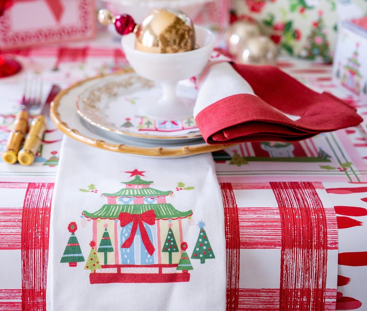 Festive Pagoda Christmas Tea Towel/Dish Towel/Guest Towel