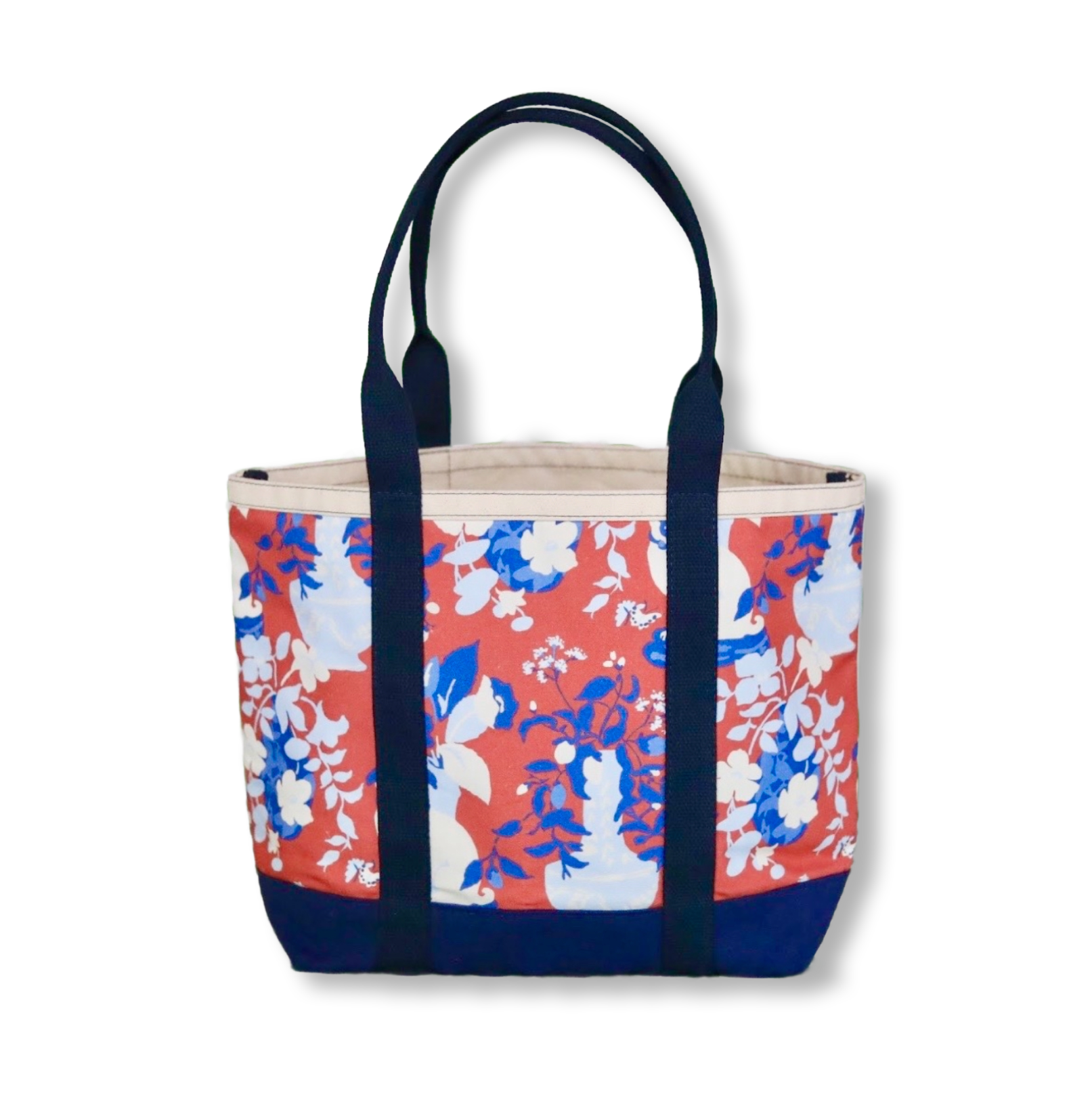 a large Imperial Palace canvas tote bag, in a red, white and blue chinoiserie pattern featuring white pug dogs