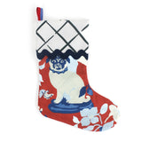 Red and Blue Chinoiserie Christmas stocking with a pug design on a white background
