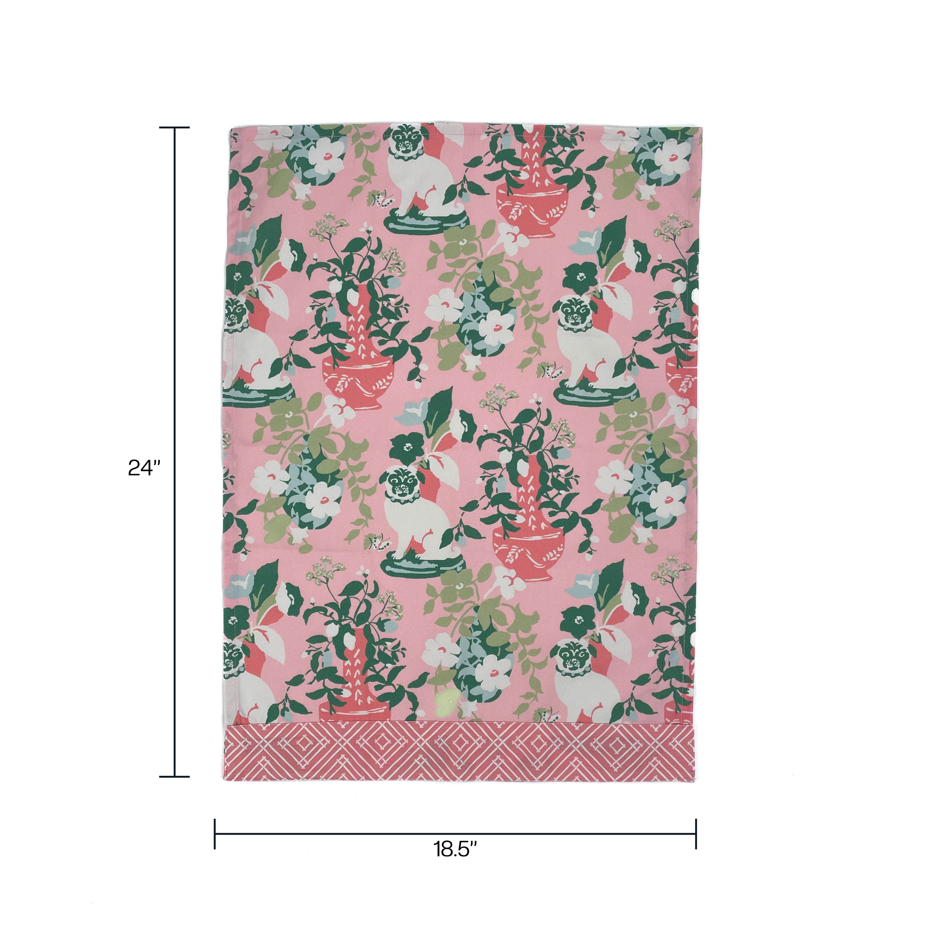 a pink and green chinoiserie pug tea towel with repeating dogs and flower filled vase motifs against a white background. 