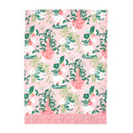 a pink and green chinoiserie pug tea towel with repeating dogs and flower filled vase motifs against a white background. 