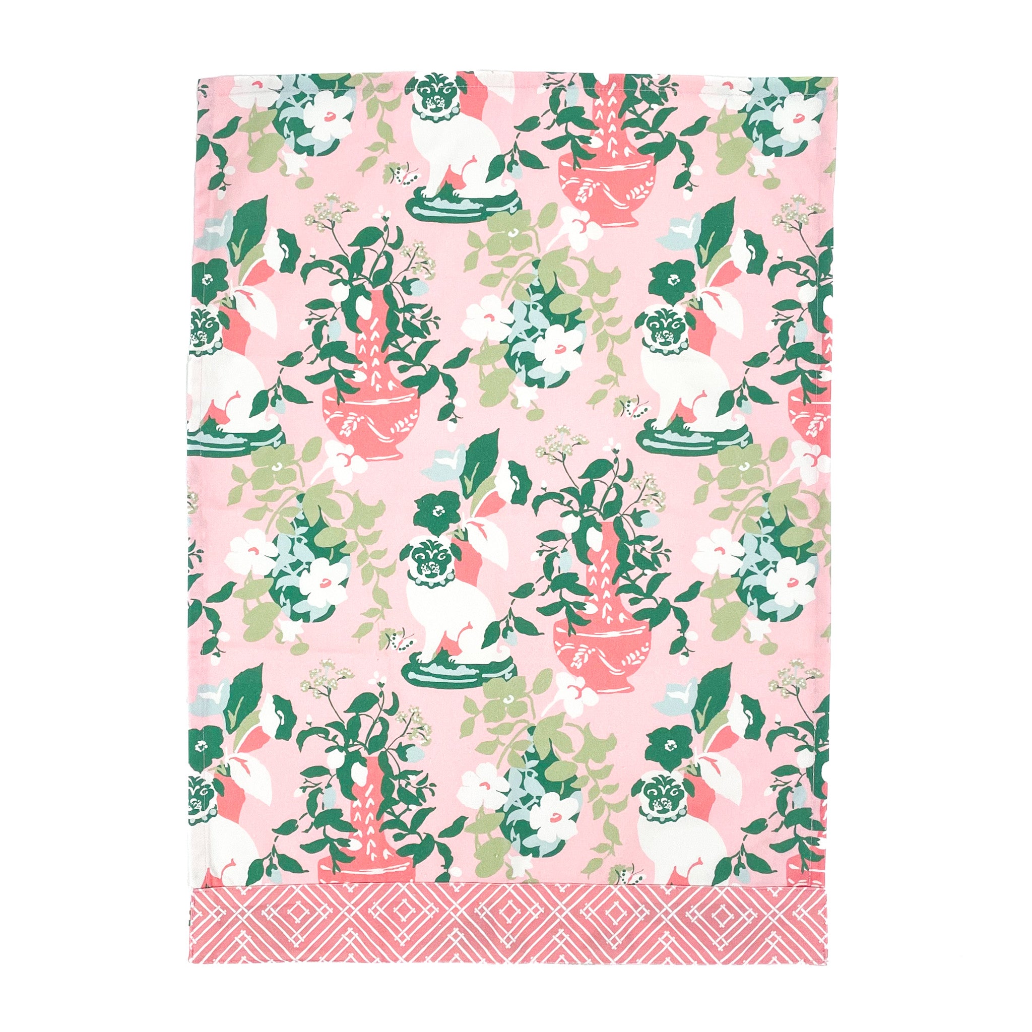 a pink and green chinoiserie pug tea towel with repeating dogs and flower filled vase motifs against a white background. 