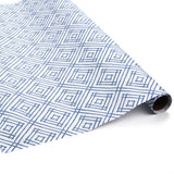 Roll of blue and white wrapping paper with a bamboo trellis design on a white background