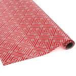 a roll of wrapping paper with a geometric lattice pattern in red