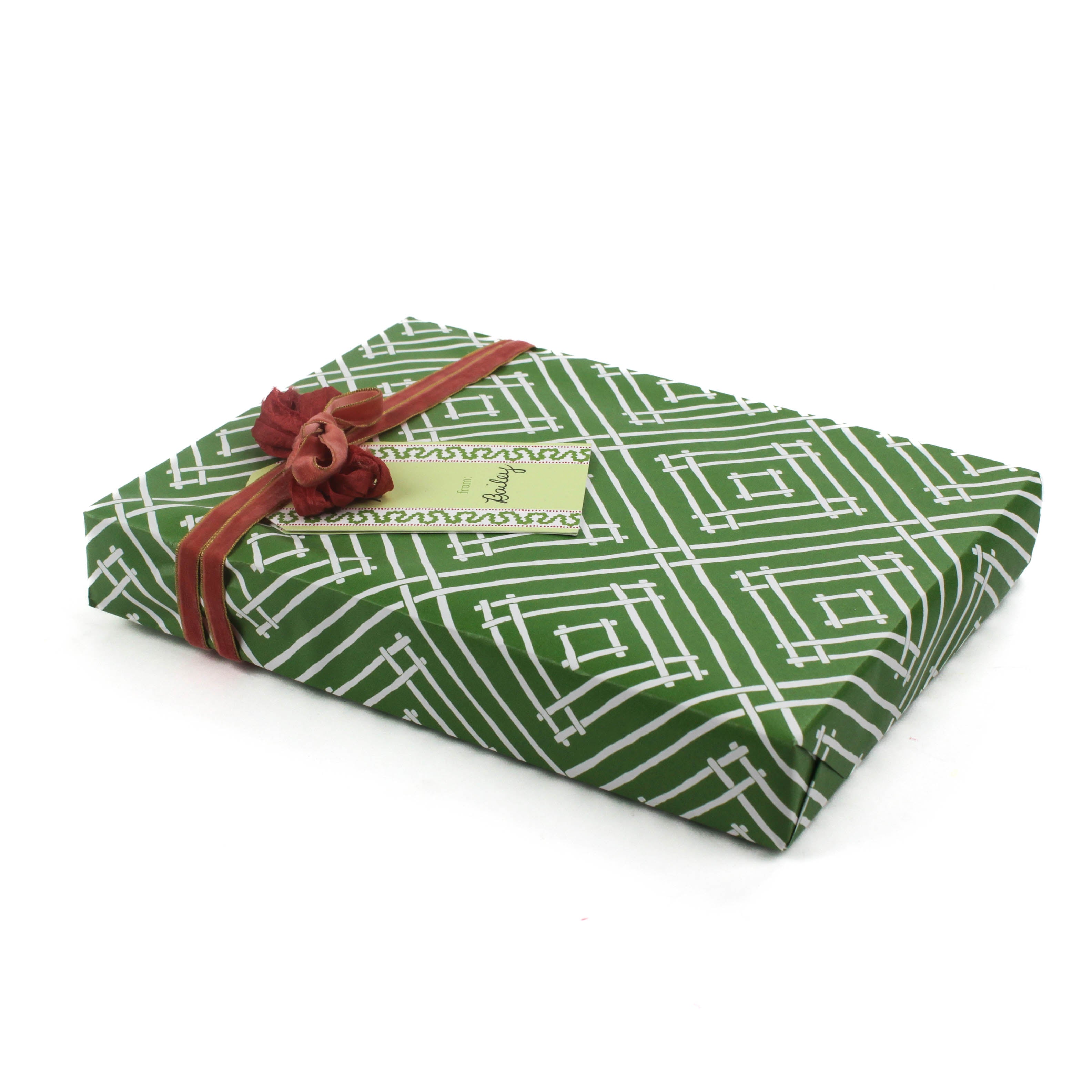 a wrapping paper with a geometric lattice pattern in green