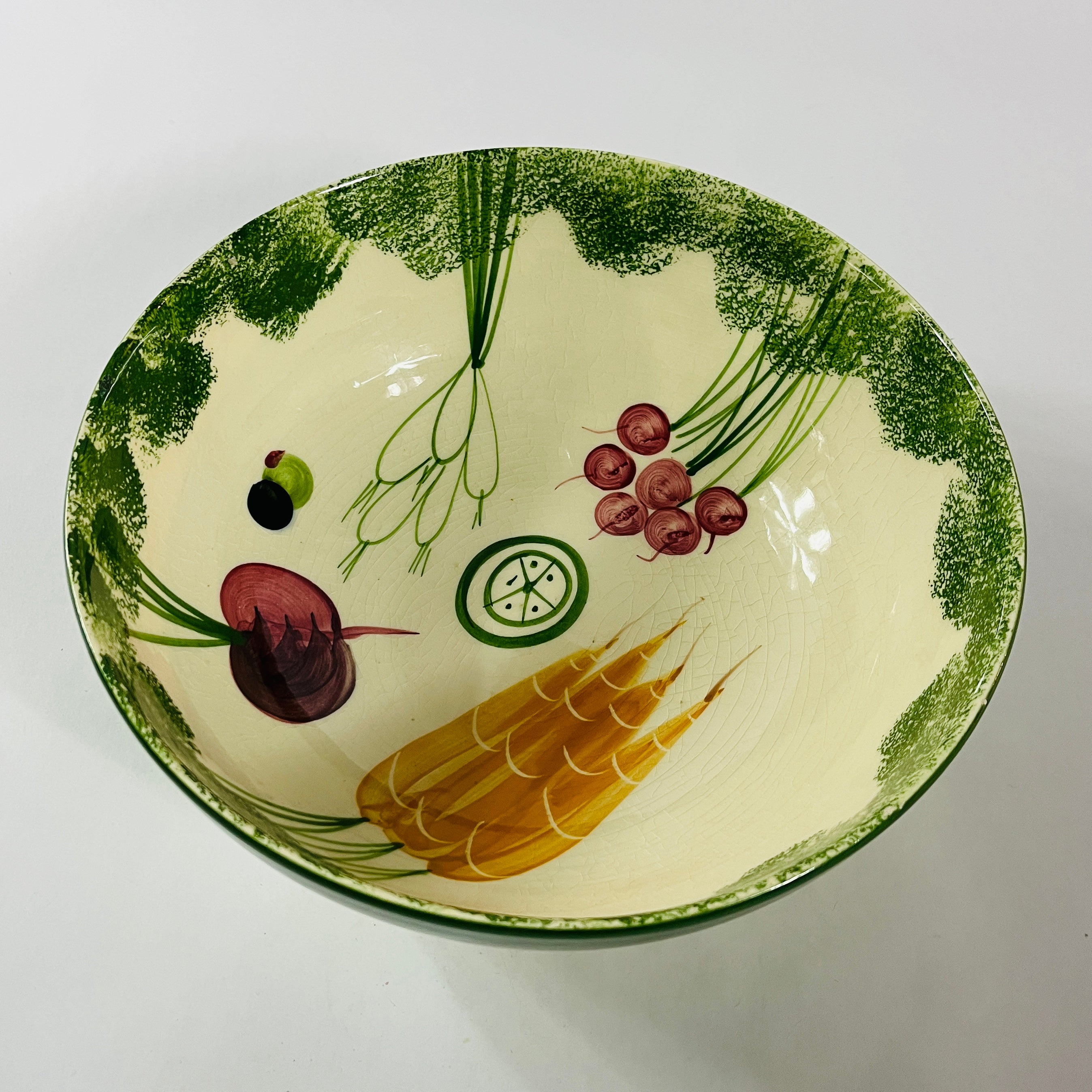 Vintage Italian ceramic salad bowl and plates with hand-painted vegetable designs
