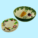 Vintage Italian ceramic salad bowl and plates with hand-painted vegetable designs, set of five