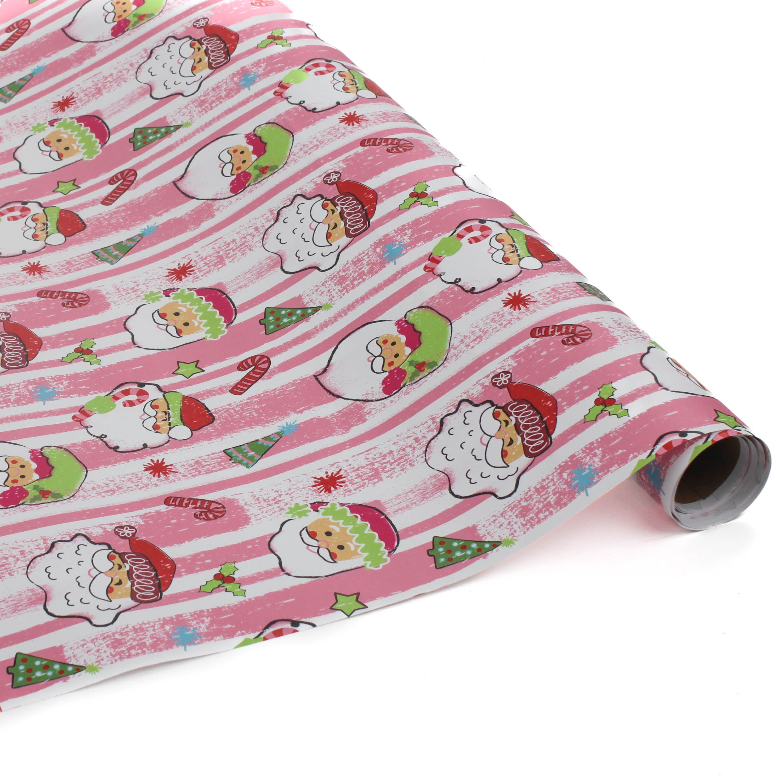 Colorful Christmas wrapping paper featuring santa, candy cane and christmas tree motifs. 