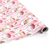 roll of Colorful Christmas wrapping paper featuring santa, candy cane and christmas tree motifs. 