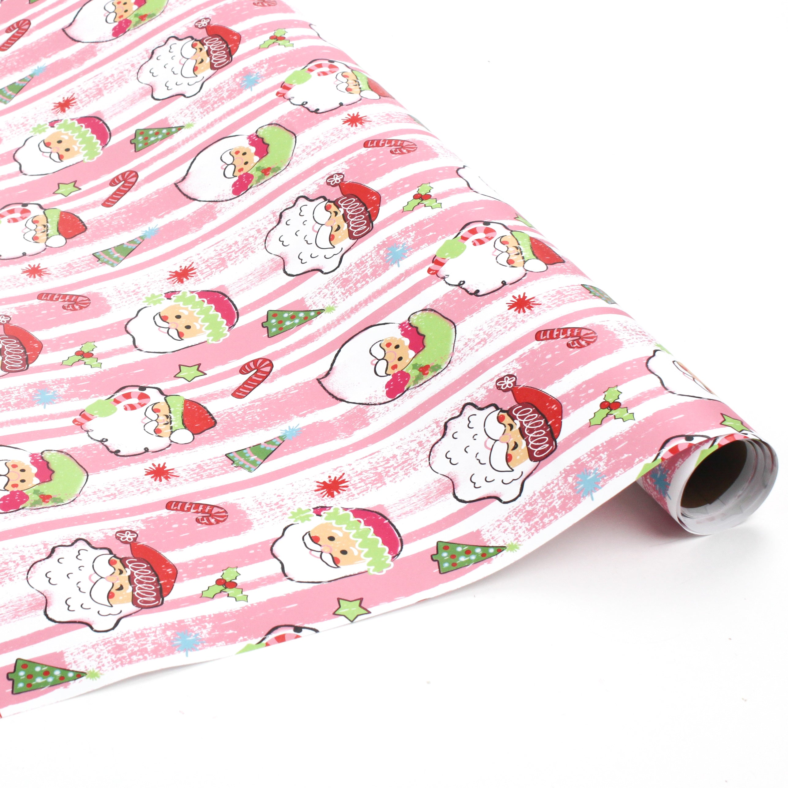 roll of Colorful Christmas wrapping paper featuring santa, candy cane and christmas tree motifs. 