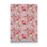 Jolly Santas Christmas cotton tea towel featuring cheerful Santa faces, pink stripes, festive holiday motifs, and blue scalloped trim.