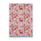 Jolly Santas Christmas cotton tea towel featuring cheerful Santa faces, pink stripes, festive holiday motifs, and blue scalloped trim.