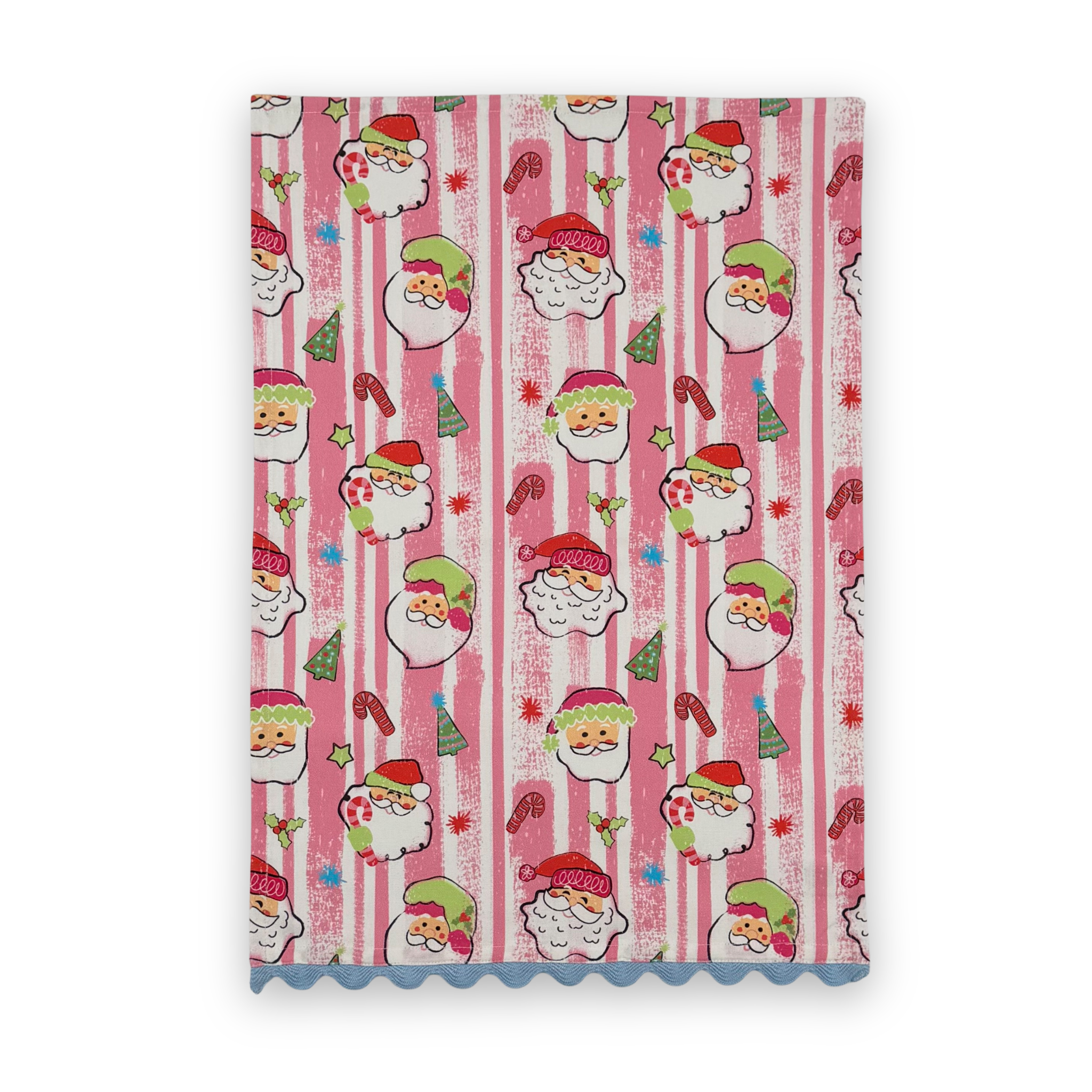 Jolly Santas Christmas cotton tea towel featuring cheerful Santa faces, pink stripes, festive holiday motifs, and blue scalloped trim.