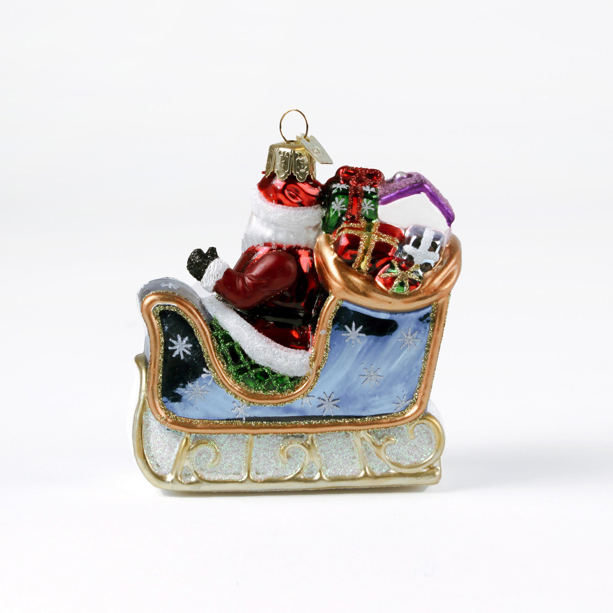 back of a Santa Sleigh Glass Christmas Ornament
