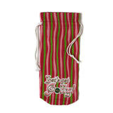 pink and green striped drawstring wine bag with “Let’s get jolly!” printed on the front