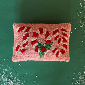 Christmas Hooked-Wool Joy Candy Cane Pillow