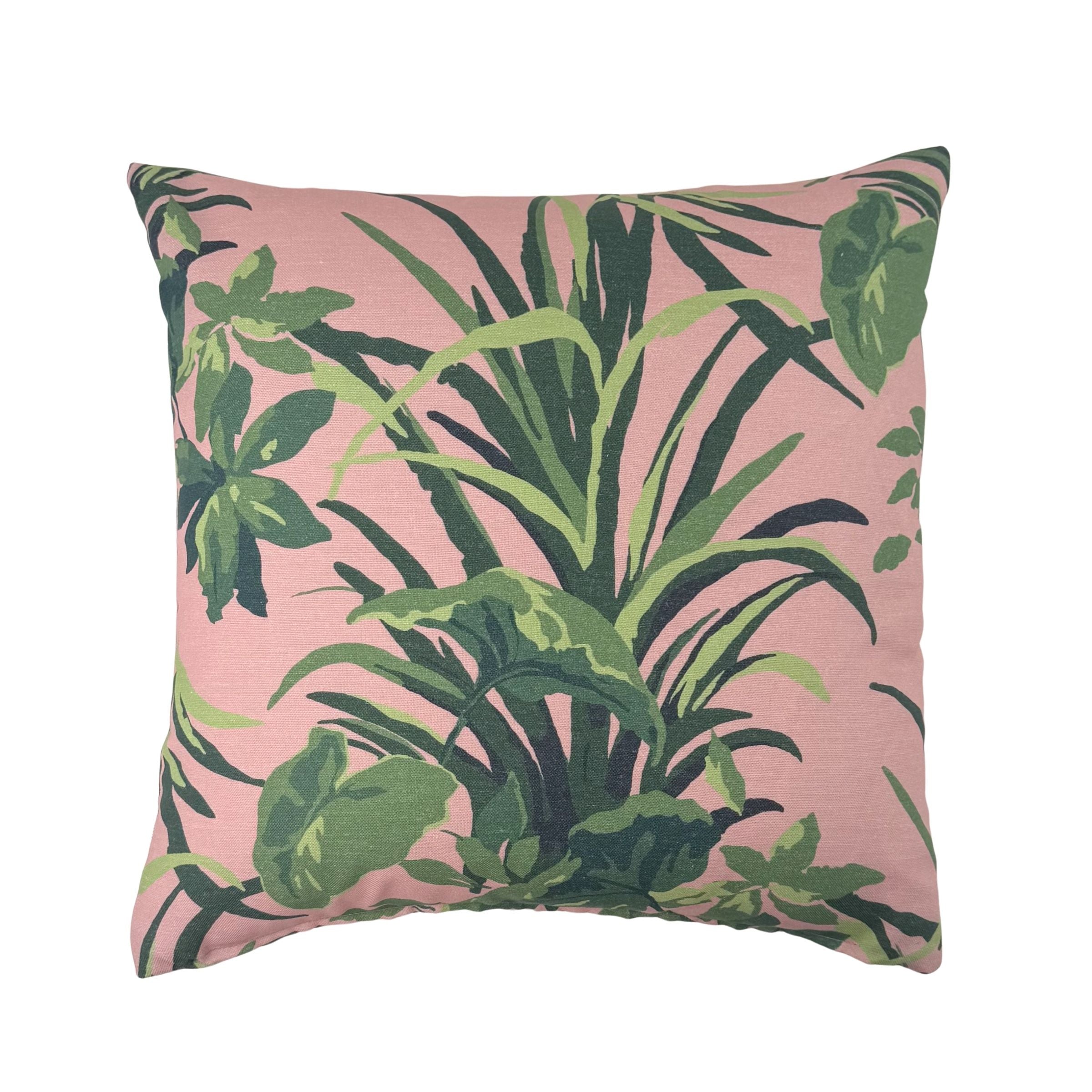 Back view of Jungle Road Bahama Green Pink outdoor pillow.