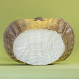 Large brown ceramic basket with woven texture and curved handle