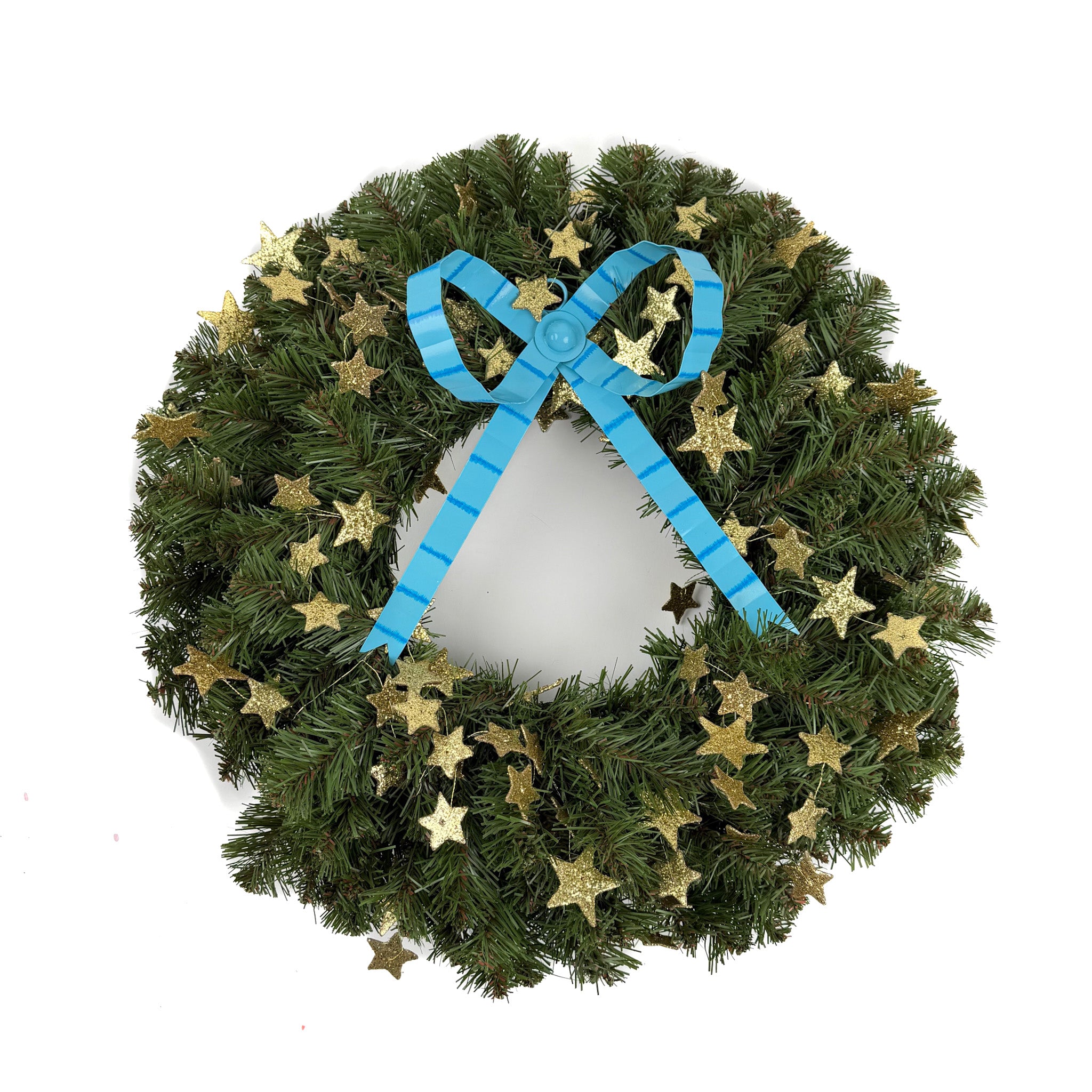large blue striped bow ornament on a wreath
