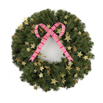 large pink striped bow wreath with gold star accents