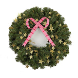 large pink striped bow wreath with gold star accents