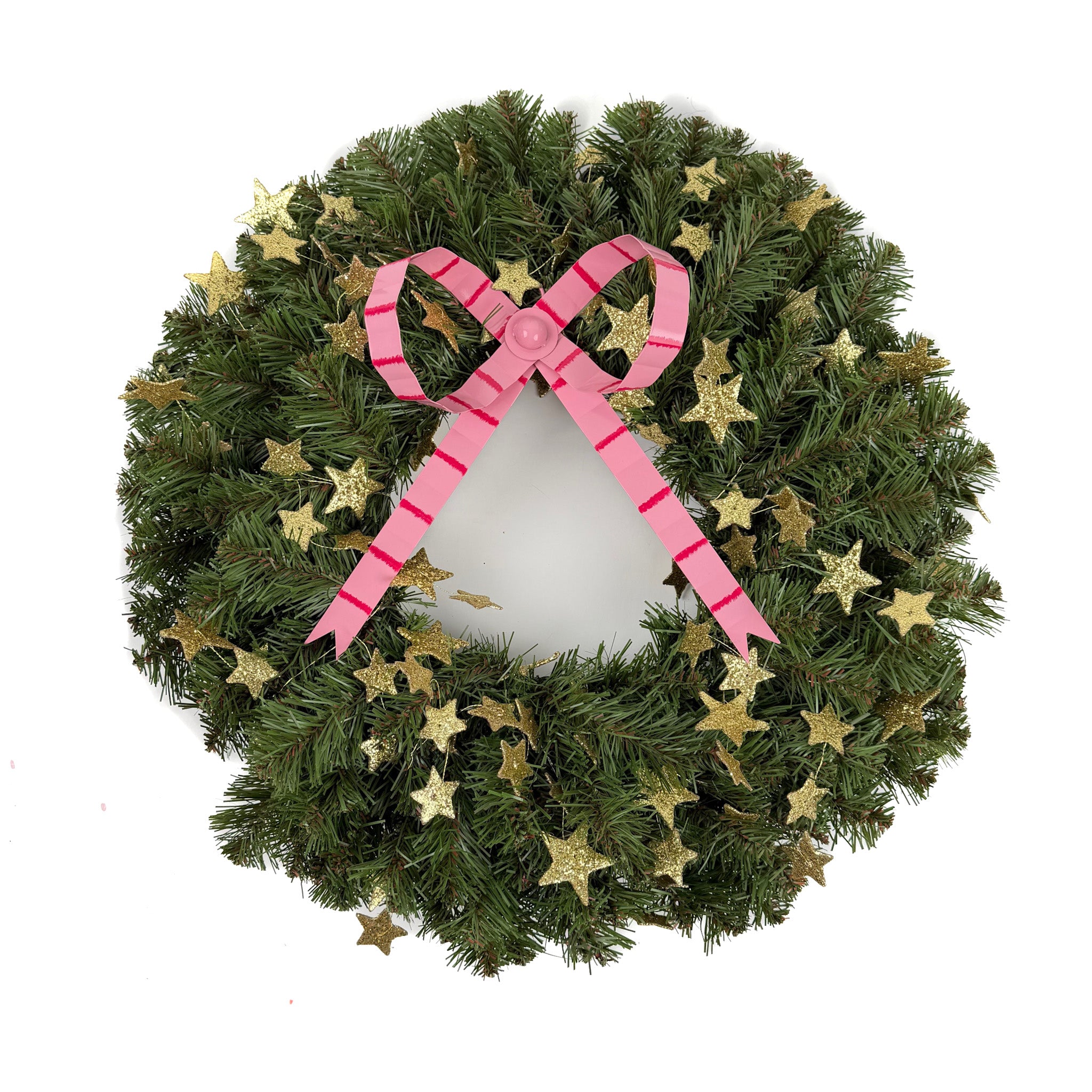 large pink striped bow wreath with gold star accents