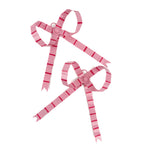 pair of large pink striped bow ornaments with long ribbon tails