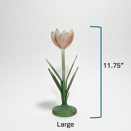 Large tulip hand-painted tole metal flower candle holder with dimensions