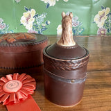 Oval Horse-Themed Leather Box and Ceramic Horse Lidded Jar w/Horsebit Embellishment, Set of 2