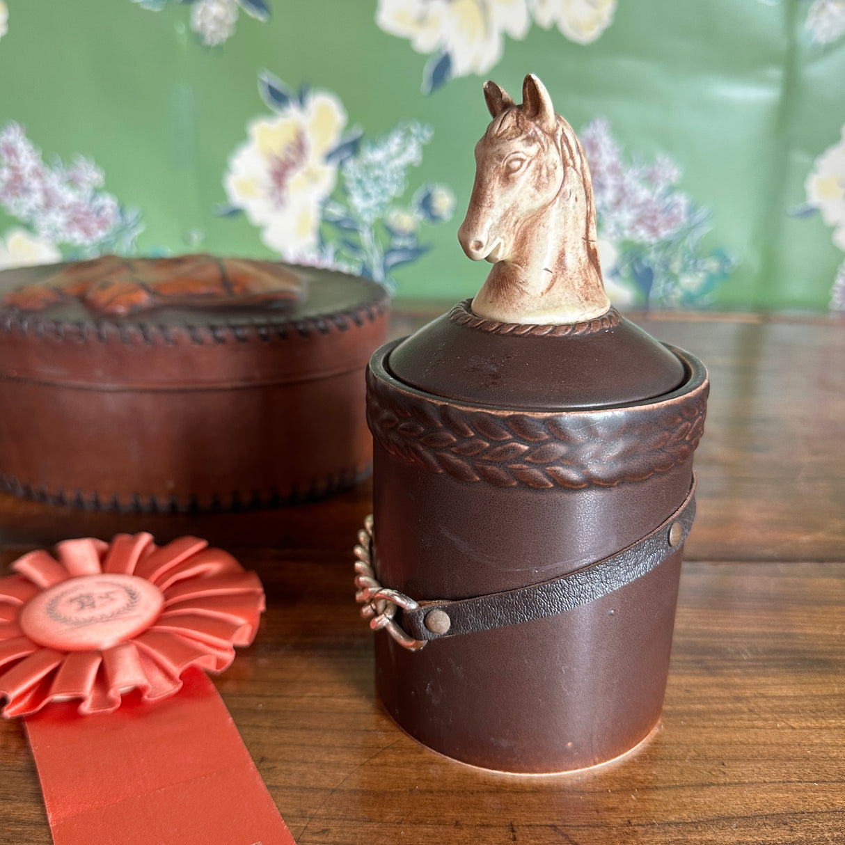 Oval Horse-Themed Leather Box and Ceramic Horse Lidded Jar w/Horsebit Embellishment, Set of 2