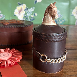 Oval Horse-Themed Leather Box and Ceramic Horse Lidded Jar w/Horsebit Embellishment, Set of 2