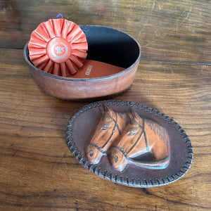 Oval Horse-Themed Leather Box and Ceramic Horse Lidded Jar w/Horsebit Embellishment, Set of 2