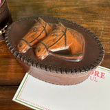Oval Horse-Themed Leather Box and Ceramic Horse Lidded Jar w/Horse Bit Embellishment, Set of 2