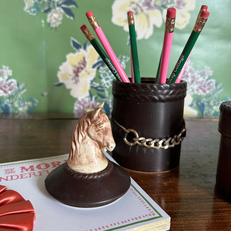 Oval Horse-Themed Leather Box and Ceramic Horse Lidded Jar w/Horsebit Embellishment, Set of 2