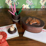 Oval Horse-Themed Leather Box and Ceramic Horse Lidded Jar w/Horse Bit Embellishment, Set of 2