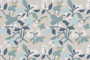 Lemon and strawberry wallpaper featuring white and blue motifs on a grey background