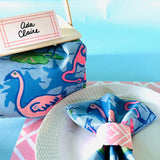 Lifestyle shot of Sunken Gardens Flamingo cloth dinner napkins 