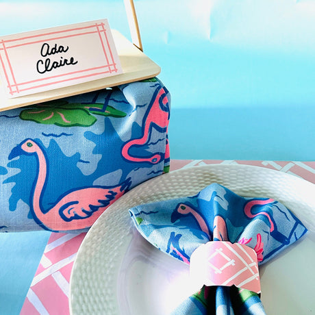 Lifestyle shot of Sunken Gardens Flamingo cloth dinner napkins 