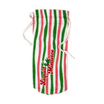 pink, green, and white striped drawstring bag with “Liquid Mistletoe” printed on the front