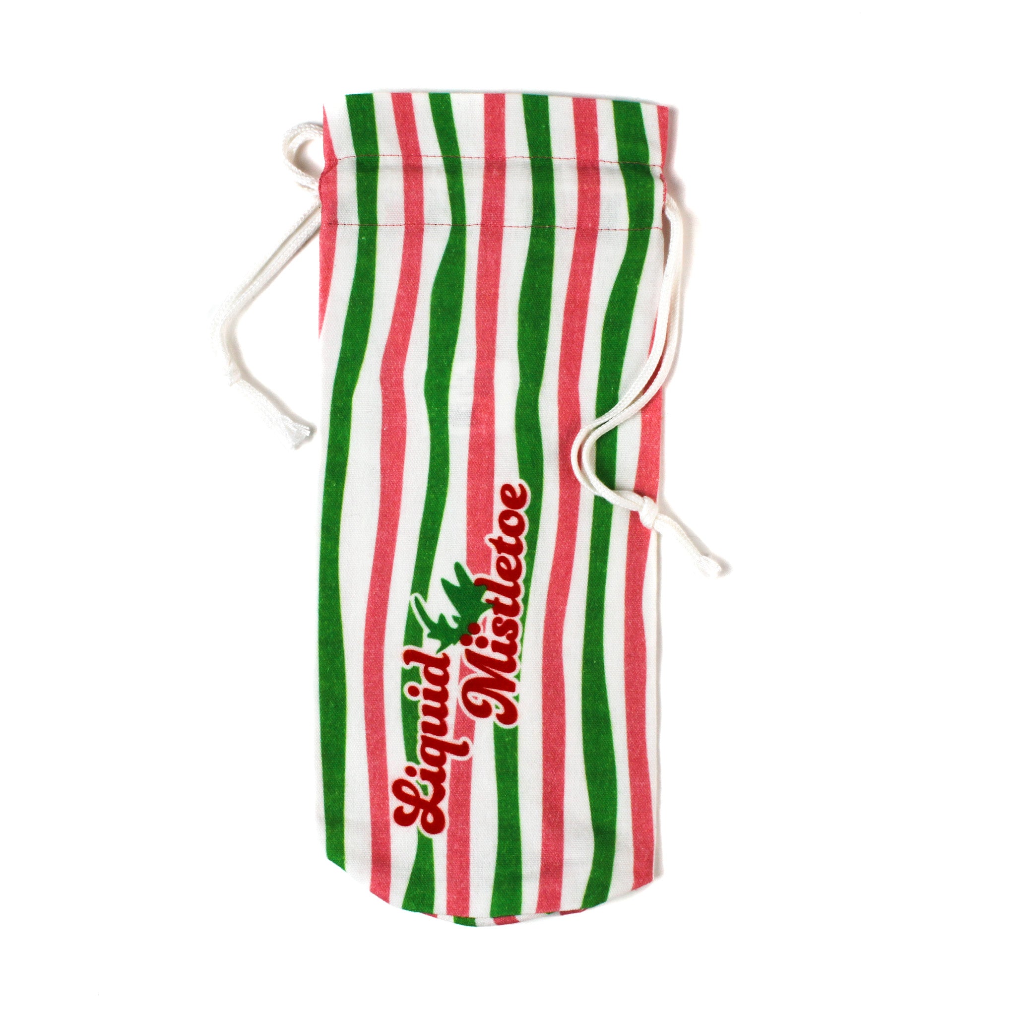 pink, green, and white striped drawstring bag with “Liquid Mistletoe” printed on the front